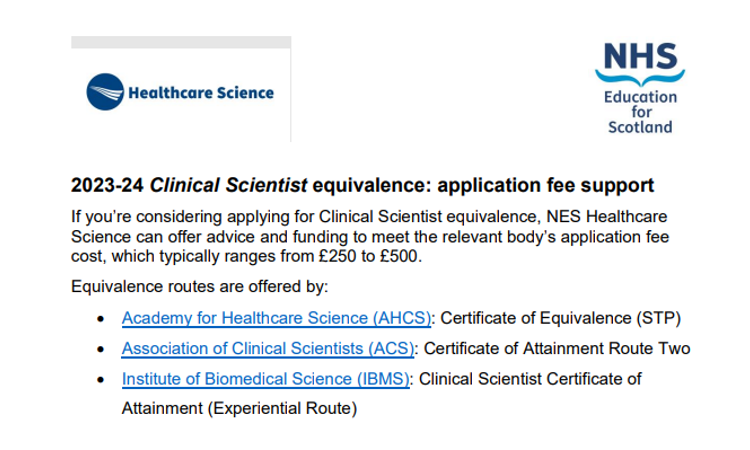 2023-24 Clinical Scientist equivalence: application fee support